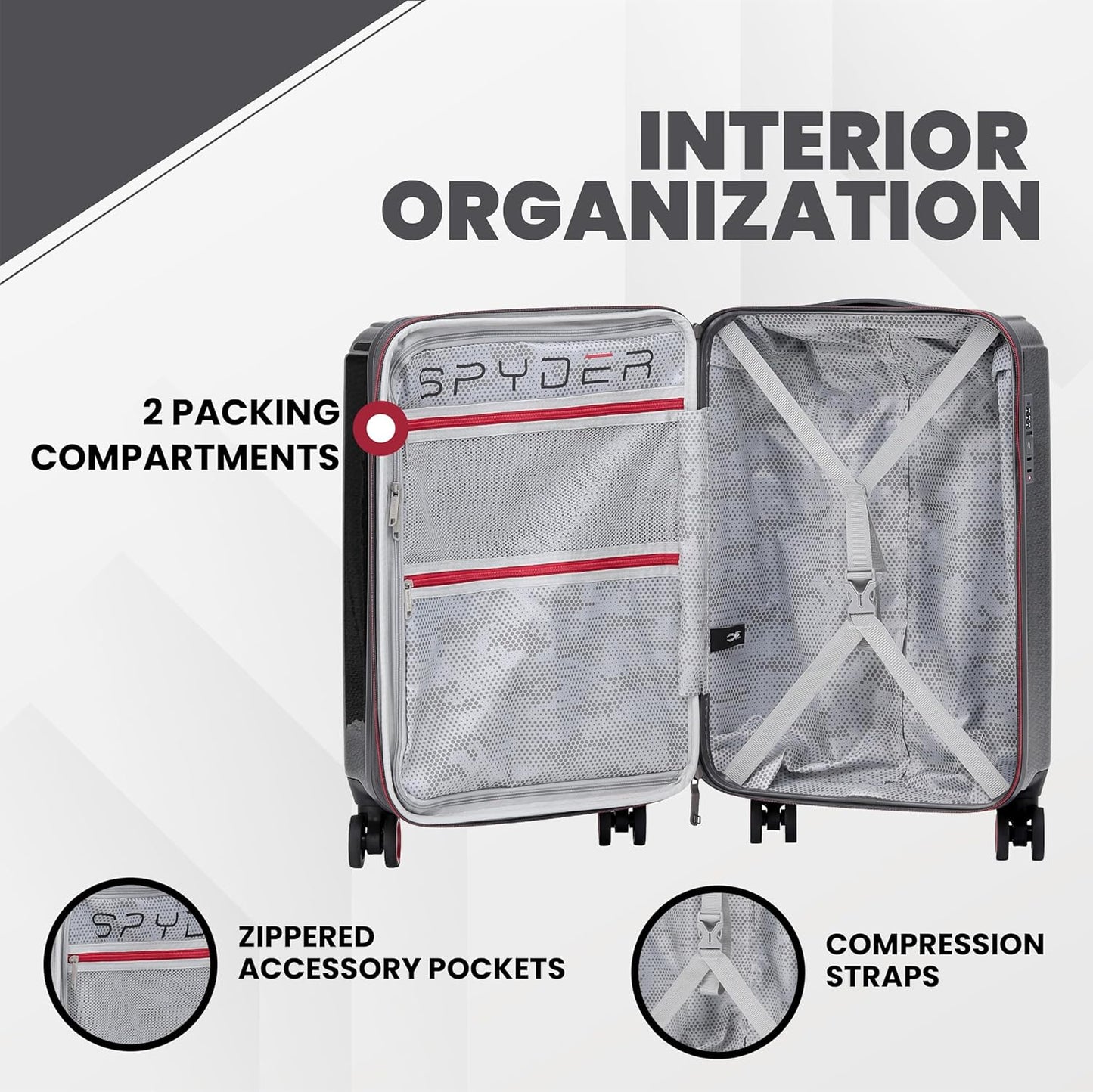 Spyder Traverse 3 Piece Luggage Set, 360° Spinner Wheels, TSA Approved Lock, (20 Inch Carry On, 25 Inch Medium, 29 Inch Large), Charcoal