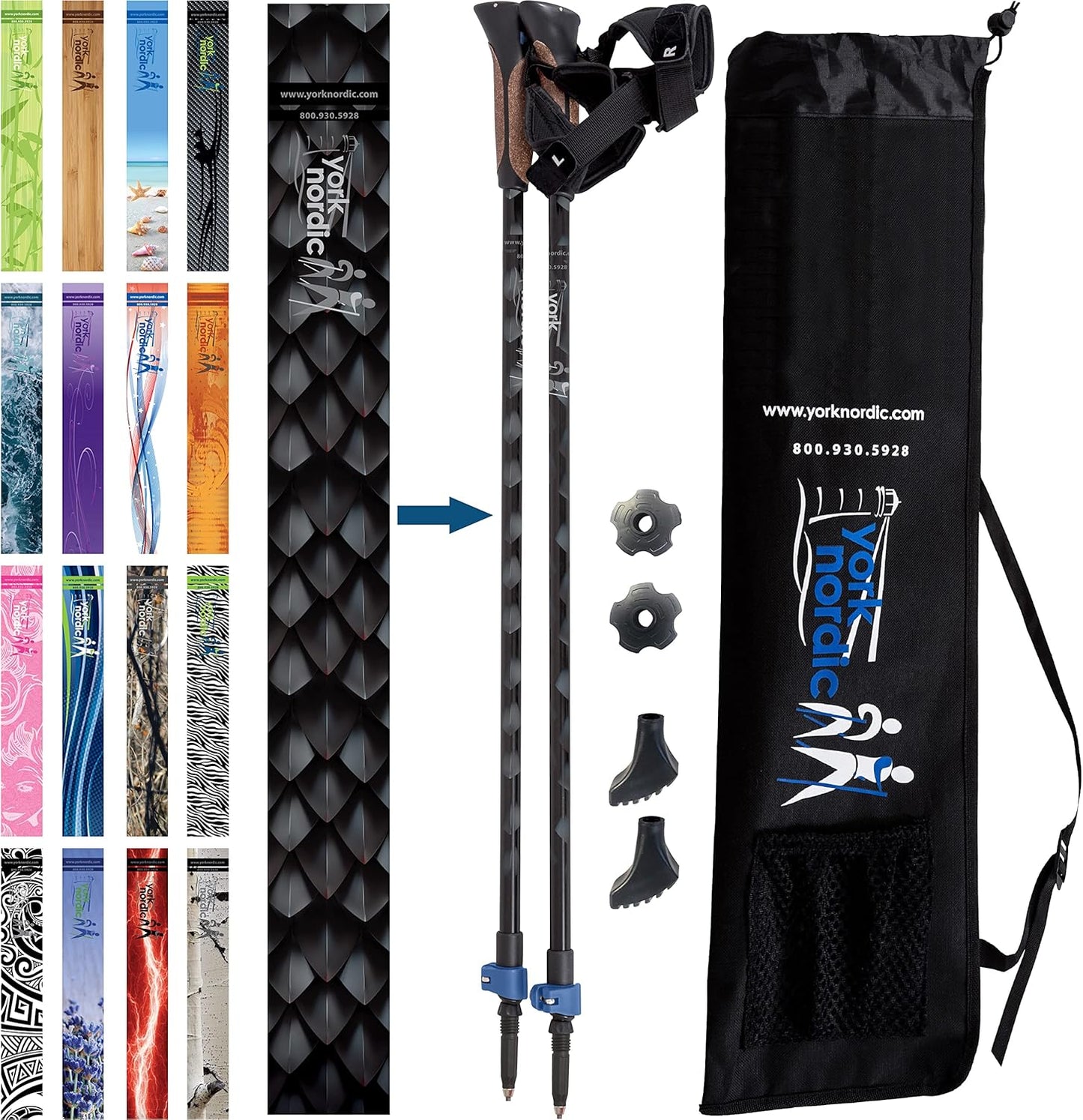 Official Nordic Walking Poles - True Classic Nordic Glove Grips, Lightweight, Adjustable, and Collapsible -2 Pieces w/flip Locks, Detachable Feet and Travel Bag by York Nordic - Heights 5'4"-6'2"