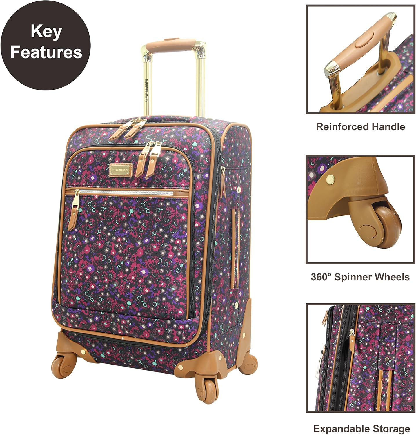 Steve Madden Designer Luggage Collection - Lightweight Softside Expandable Suitcase for Men & Women - Durable 20 Inch Carry On Bag with 4-Rolling Spinner Wheels (Dark Purple)