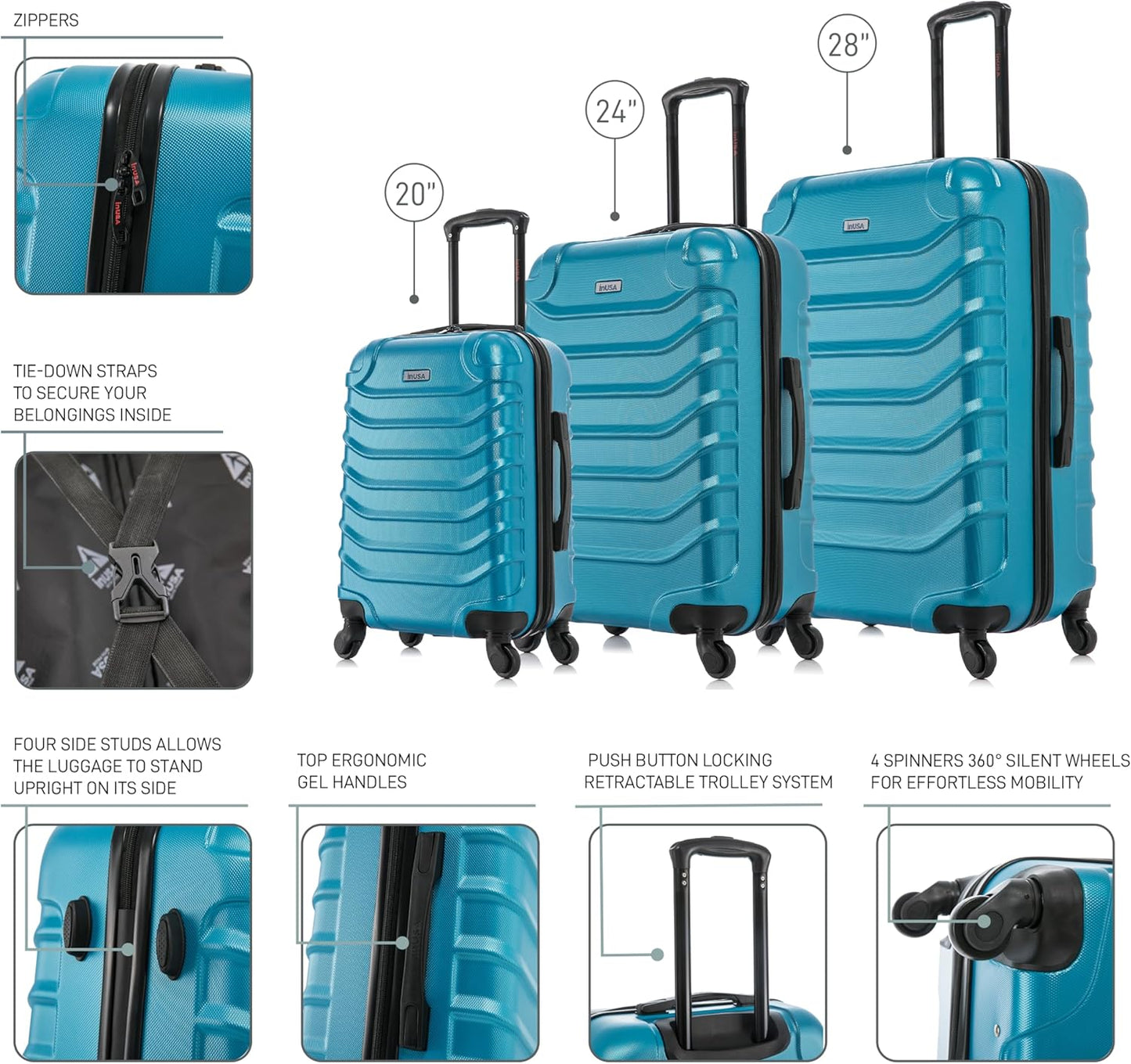 InUSA ENDURANCE Luggage with Spinner Wheels | Spacious Durable Lightweight Hardshell Suitcase, Travel Sets with Handle and Trolley | (20in, 24in, 28in) 3 Piece Luggage Set | Teal