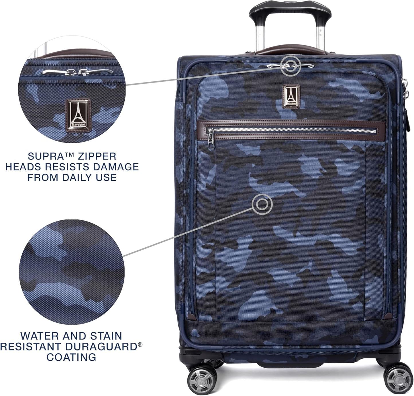 Travelpro Platinum Elite Softside Expandable Checked Luggage, 8 Wheel Spinner Suitcase, TSA Lock, Men and Women, Navy Camouflage, Checked Medium 25-Inch