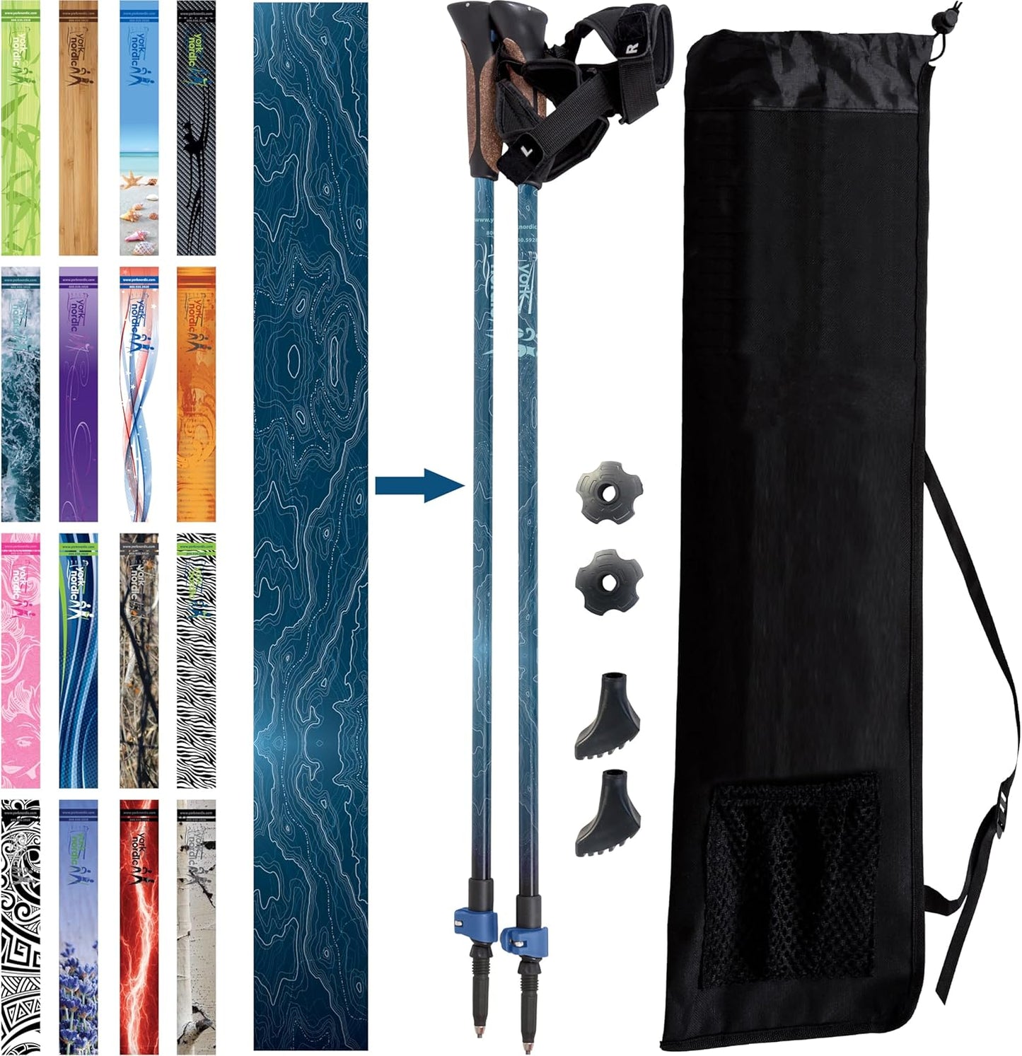 Official Nordic Walking Poles - True Classic Nordic Glove Grips, Lightweight, Adjustable, and Collapsible -2 Pieces w/flip Locks, Detachable Feet and Travel Bag by York Nordic - Heights 5'4"-6'2"