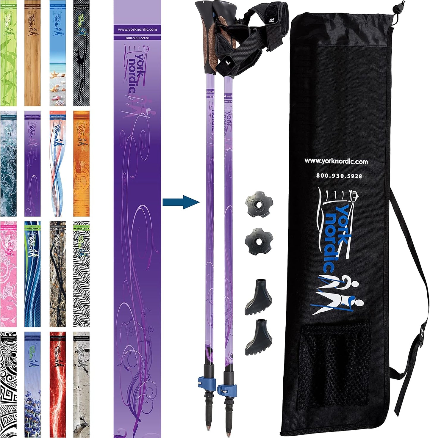 Official Nordic Walking Poles - True Classic Nordic Glove Grips, Lightweight, Adjustable, and Collapsible -2 Pieces w/flip Locks, Detachable Feet and Travel Bag by York Nordic - Heights 5'4"-6'2"