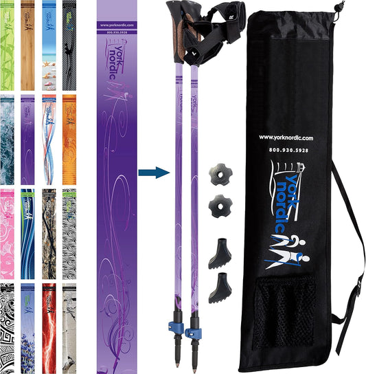 Official Nordic Walking Poles - True Classic Nordic Glove Grips, Lightweight, Adjustable, and Collapsible -2 Pieces w/flip Locks, Detachable Feet and Travel Bag by York Nordic - Heights 5'4"-6'2"