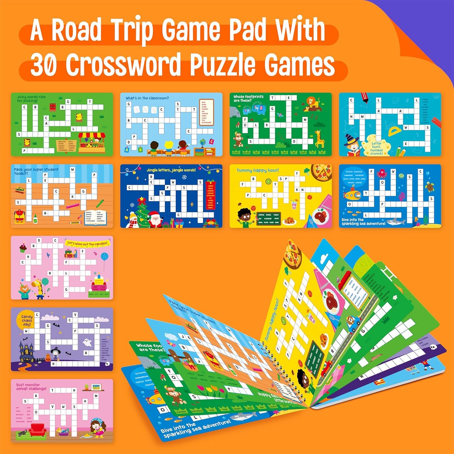SpriteGru Crossword Puzzle Game Pad, 30 Reusable & Erasable Word Games, Dry Erase Brain-Boosting Puzzle Activities Book for Kids, Educational Toy for Road Trip, Airplane & Car Travel