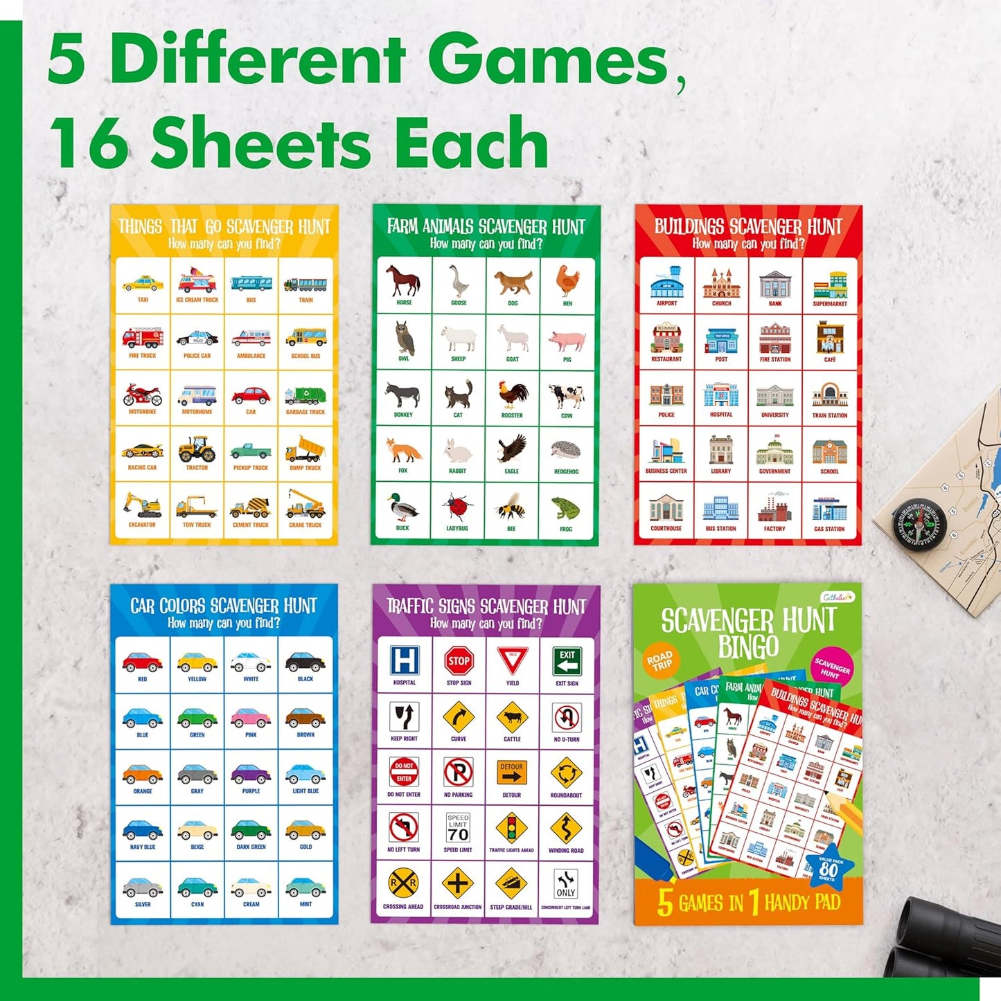 Road Trip Game Pad, 5 Games in 1 (Farm Animals, Car Colors, Buildings, Traffic Signs, Vehicles Scavenger Hunt Bingo), Pen Pencil Paper Game, Plane Trip/Car Travel/Getaway Activity Pad for Kid, Adult