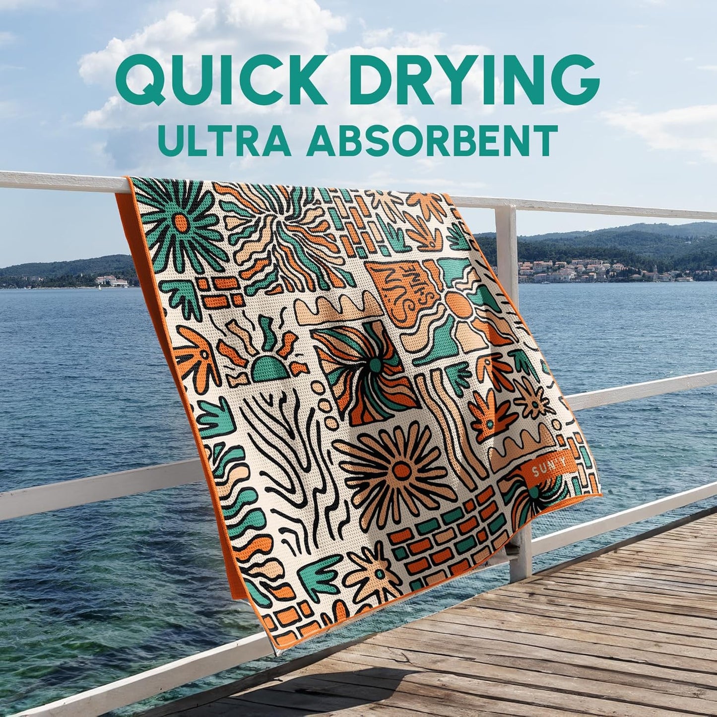 SUN'Y Waffle Microfiber Beach Towel – Sand Free, Quick Dry, Ultra Absorbent, Lightweight & Compact Travel Towel with Carry Bag - Large (63” x 31.5”), Groovy