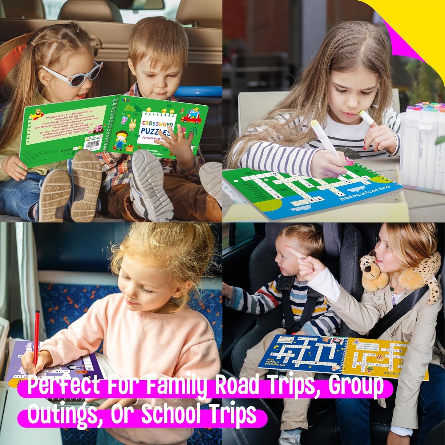 SpriteGru Crossword Puzzle Game Pad, 30 Reusable & Erasable Word Games, Dry Erase Brain-Boosting Puzzle Activities Book for Kids, Educational Toy for Road Trip, Airplane & Car Travel