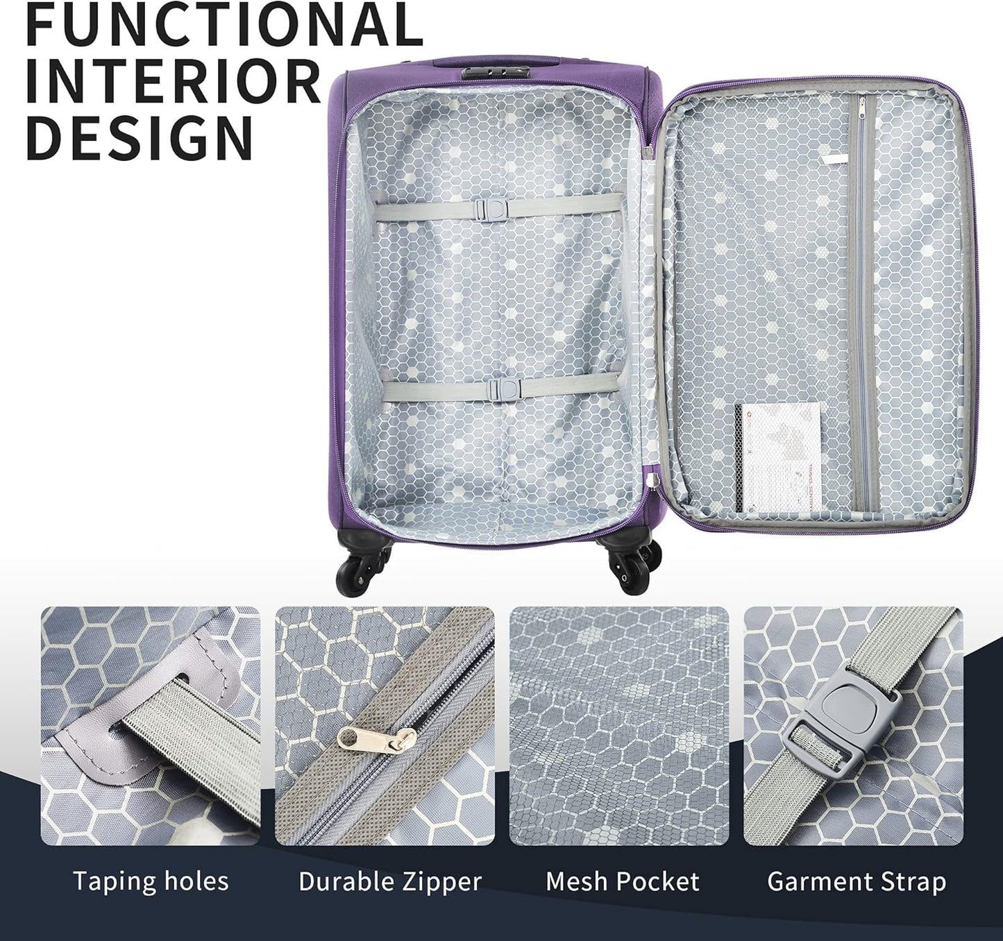 Merax Softside Luggage Set Softshell Lightweight 3 Piece Spinner Suitcase 22" 26" 30" Purple