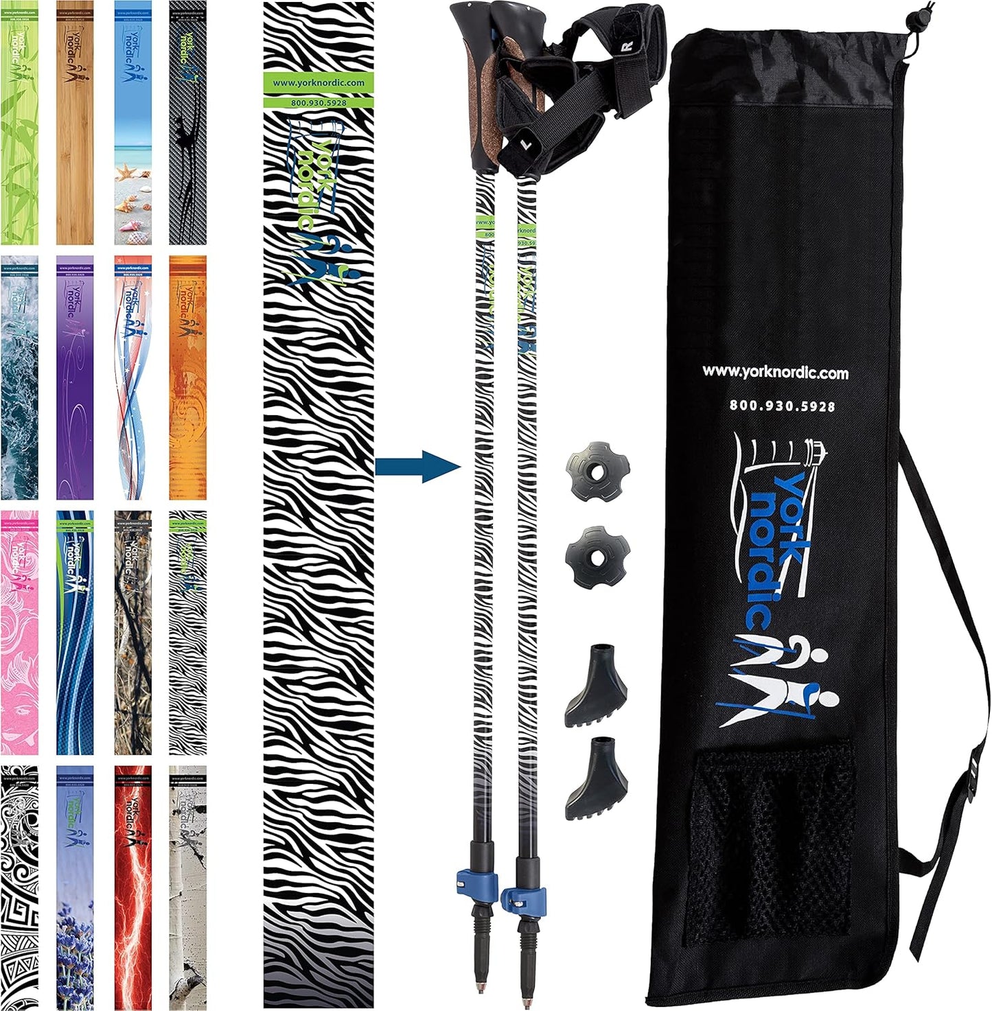 Official Nordic Walking Poles - True Classic Nordic Glove Grips, Lightweight, Adjustable, and Collapsible -2 Pieces w/flip Locks, Detachable Feet and Travel Bag by York Nordic - Heights 5'4"-6'2"