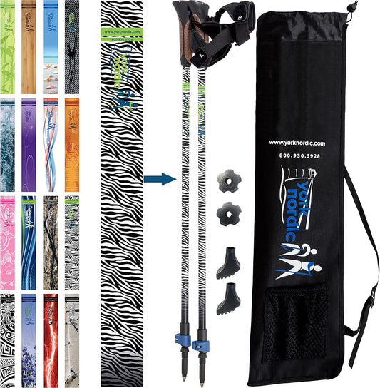 Official Nordic Walking Poles - True Classic Nordic Glove Grips, Lightweight, Adjustable, and Collapsible -2 Pieces w/flip Locks, Detachable Feet and Travel Bag by York Nordic - Heights 5'4"-6'2"