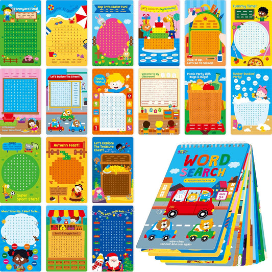 SpriteGru Dry Erase Word Search Game Pad, 30 Reusable & Erasable Word Games, Search & Find Puzzles Brain-Boosting Activity Book for Kids, Educational Toy for Road Trip Airplane Travel