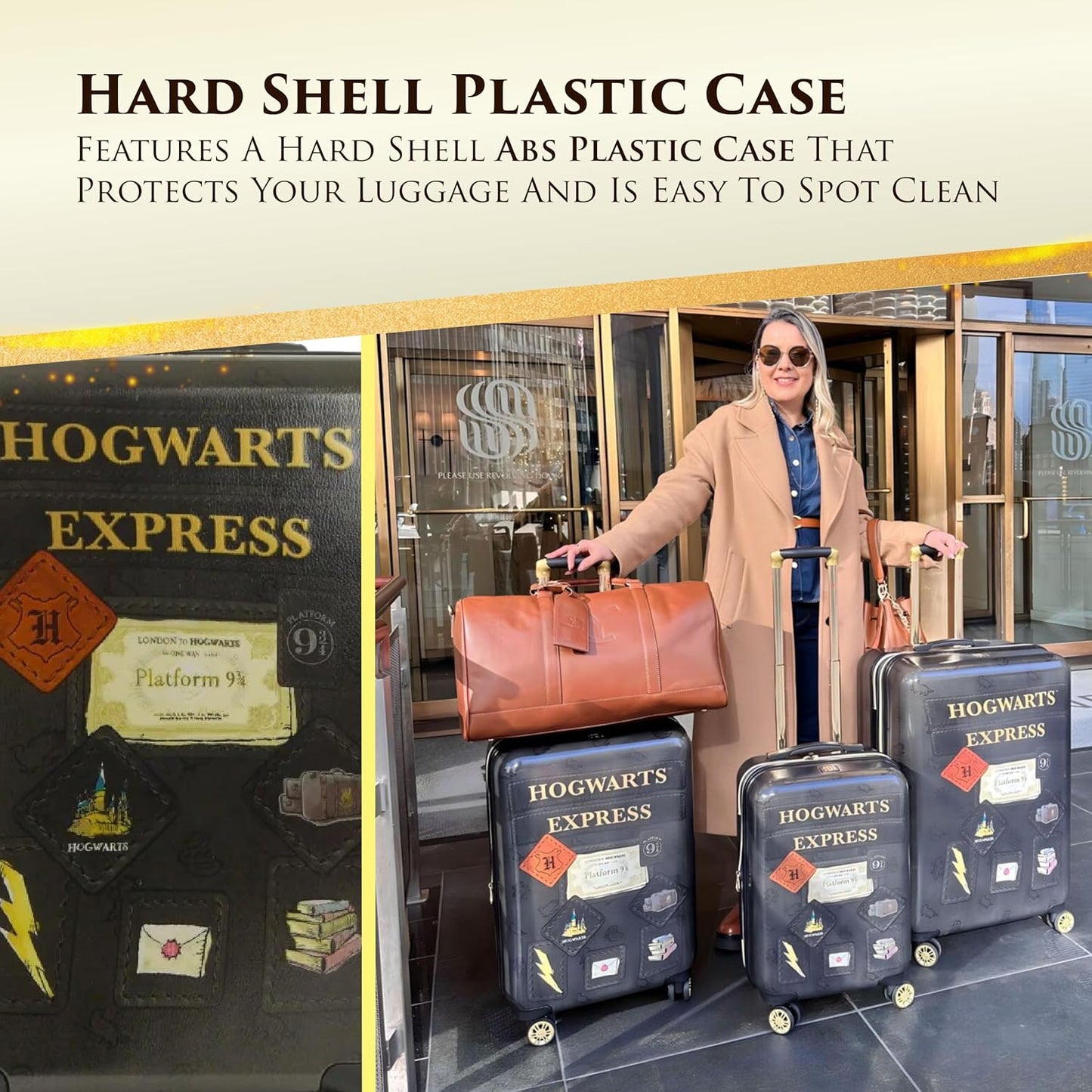 FUL Harry Potter 3 Piece Set Rolling Luggage, Hogwarts Express Hardshell Suitcases with Spinner Wheels, 21/25/29 Inch, Black