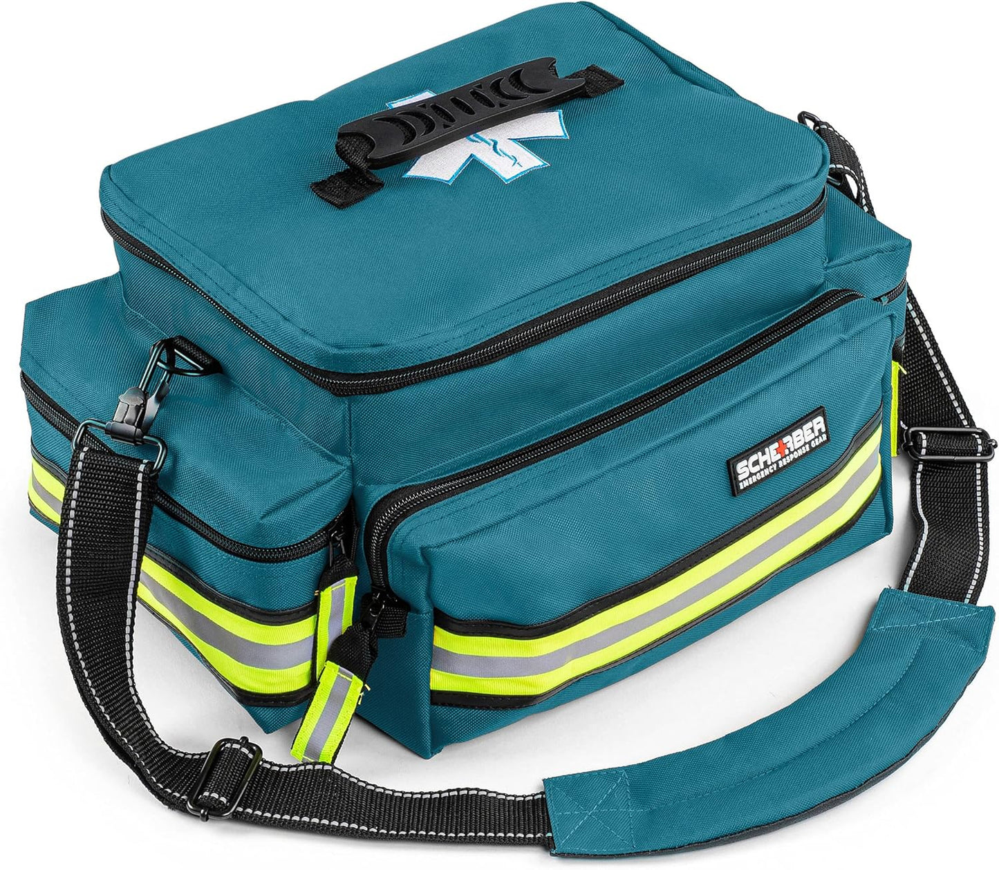 Scherber First Responder Fully-Stocked Professional Essentials EMT/EMS Trauma Kit | HSA/FSA Approved | Reflective Bag w/8 Zippered Pockets & Compartments & 200+ First Aid Supplies - Blue