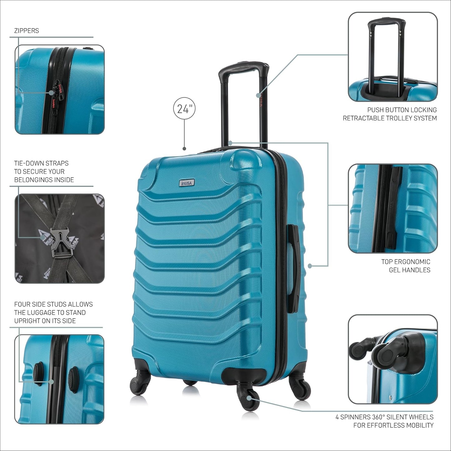 InUSA ENDURANCE Luggage with Spinner Wheels | Spacious Durable Lightweight Hardside Suitcase, Travel Bag with Handle and Trolley | 24-Inch Medium Checked Luggage | Teal