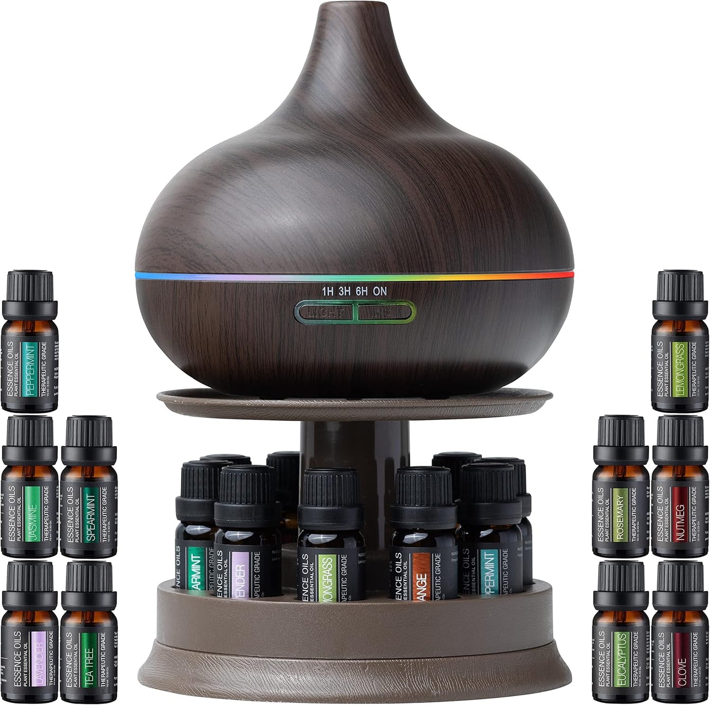 Ultimate Aromatherapy Diffuser & Essential Oil Set - Ultrasonic Diffuser & Top 10 Essential Oils - 300ml Diffuser w/ 4 Timer & 7 Ambient Light Settings - Therapeutic Essential Oils - Dark Oak w/Stand