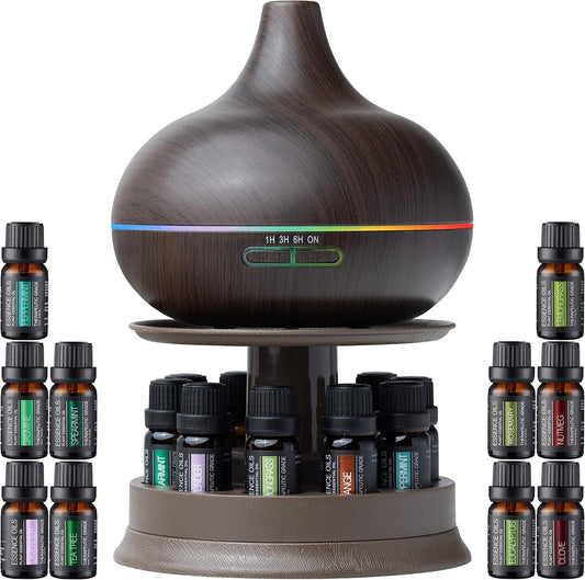 Ultimate Aromatherapy Diffuser & Essential Oil Set - Ultrasonic Diffuser & Top 10 Essential Oils - 300ml Diffuser w/ 4 Timer & 7 Ambient Light Settings - Therapeutic Essential Oils - Dark Oak w/Stand