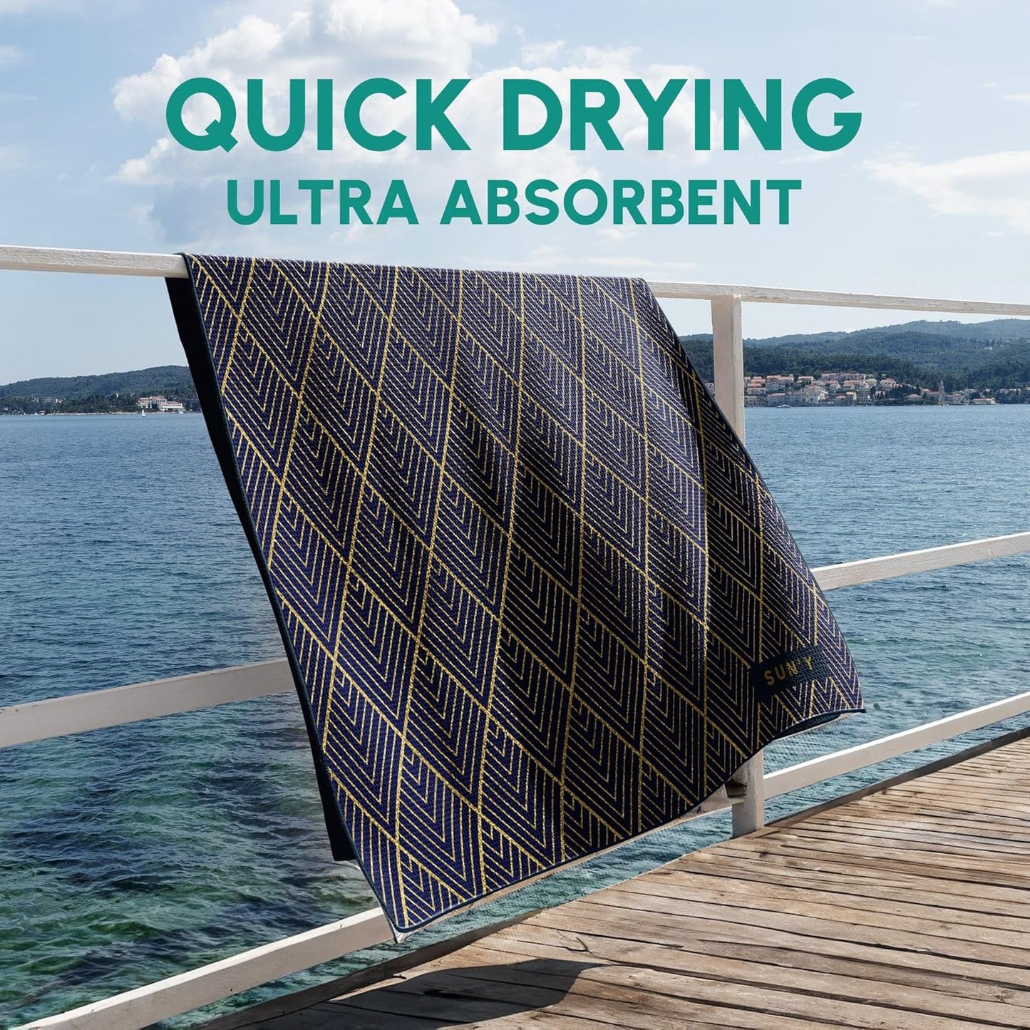 SUN'Y Waffle Microfiber Beach Towel – Sand Free, Quick Dry, Ultra Absorbent, Lightweight & Compact Travel Towel with Carry Bag - Large (63” x 31.5”), Newport