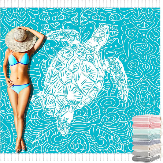 Oversized Turkish Beach Towel Blanket Cotton Giant XL Sandproof Towels Huge Linen XXL Extra Large Big Throw Quilt Blankets for Adults Cloud Travel Camping Glamping Accessories Essentials Turtle