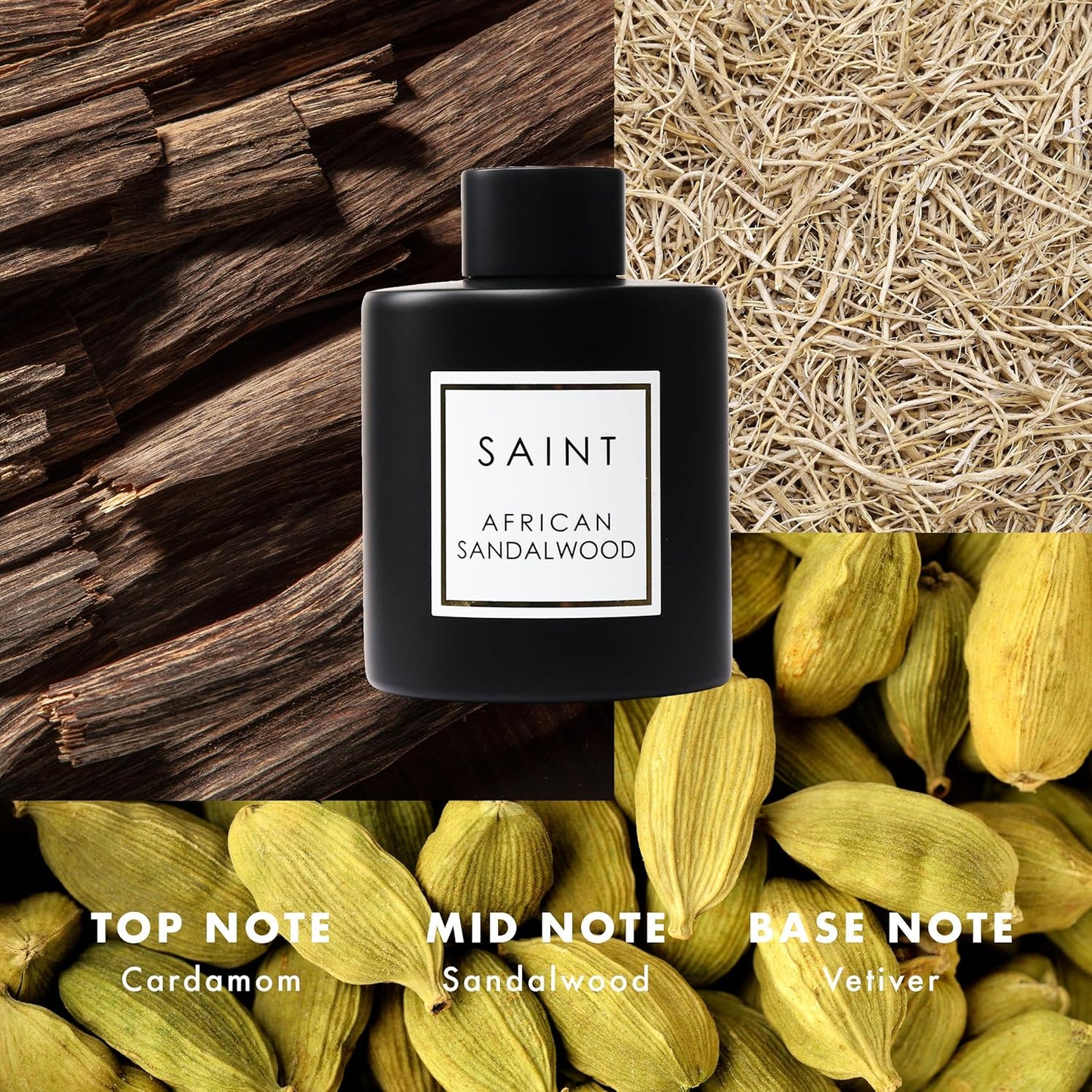 SAINT Reed Diffuser, Aromatherapy Diffuser Set with Scent Diffuser Sticks, Long-Lasting Oil Diffuser in Matte Black Glass Jar, Aroma Diffuser for Home, Bedroom, or Bathroom, 5oz, African Sandalwood