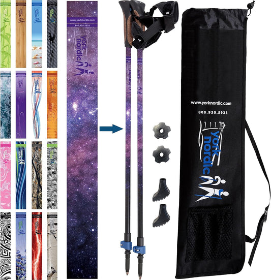 Official Nordic Walking Poles - True Classic Nordic Glove Grips, Lightweight, Adjustable, and Collapsible -2 Pieces w/flip Locks, Detachable Feet and Travel Bag by York Nordic - Heights 5'4"-6'2"